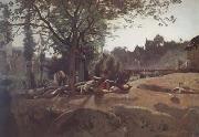 Paysans sous les arbres au soleil levant (mk11), Jean Baptiste Camille  Corot